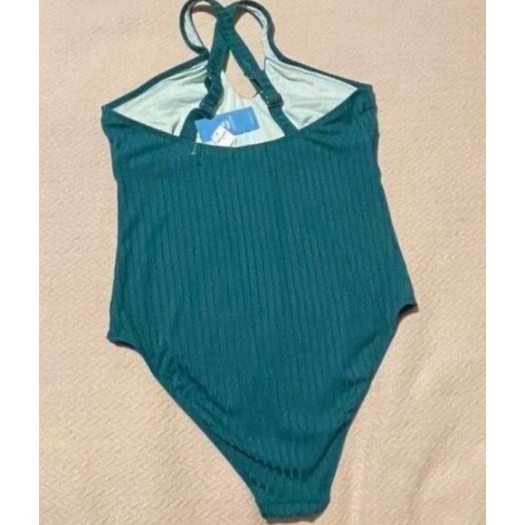 CUPSHE Women One Piece Swimsuit Large Green Ribbed Front Keyhole High Neck Cheek - Picture 4 of 8